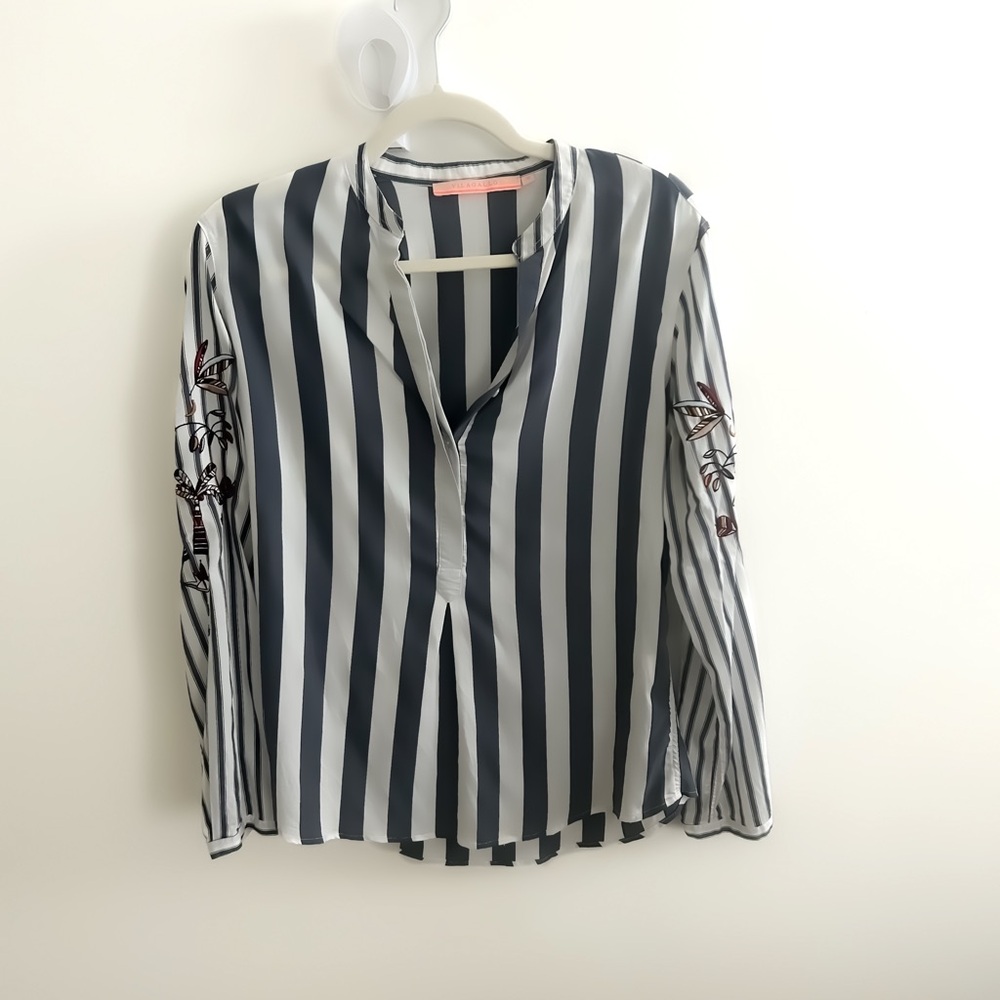 Vilagallo Navy & White Vertical Stripe Blouse with Embroidered Sleeves